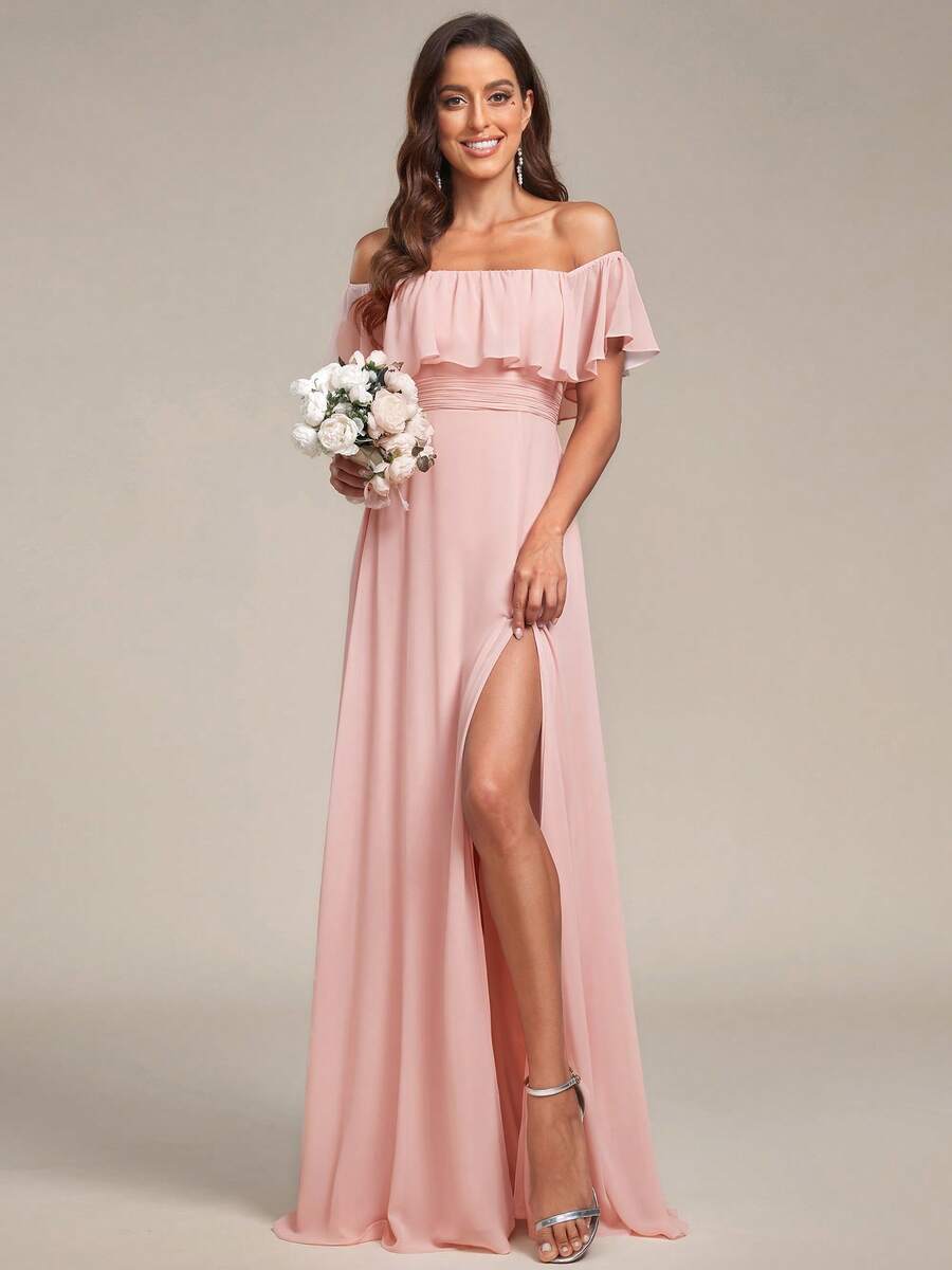 EVERPRETTY Off-Shoulder Ruffle Sleeve Side Slit A-Line Chiffon Pink Bridesmaid Dress, Wedding Guest Dress, Wedding/Vacation/Graduation Ceremony