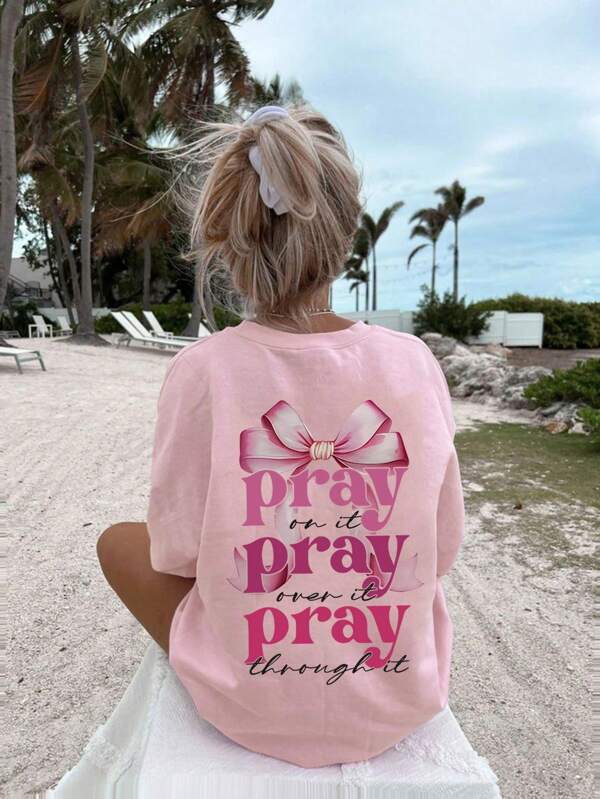 Tween Girl Casual Bow & Letter Print Round Neck Short Sleeve T-Shirt Top, Summer