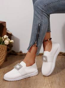 女士休闲平底鞋，时尚弹性水钻装饰舒适柔软百搭鞋，适合春秋季 - 白色 - 查看 3