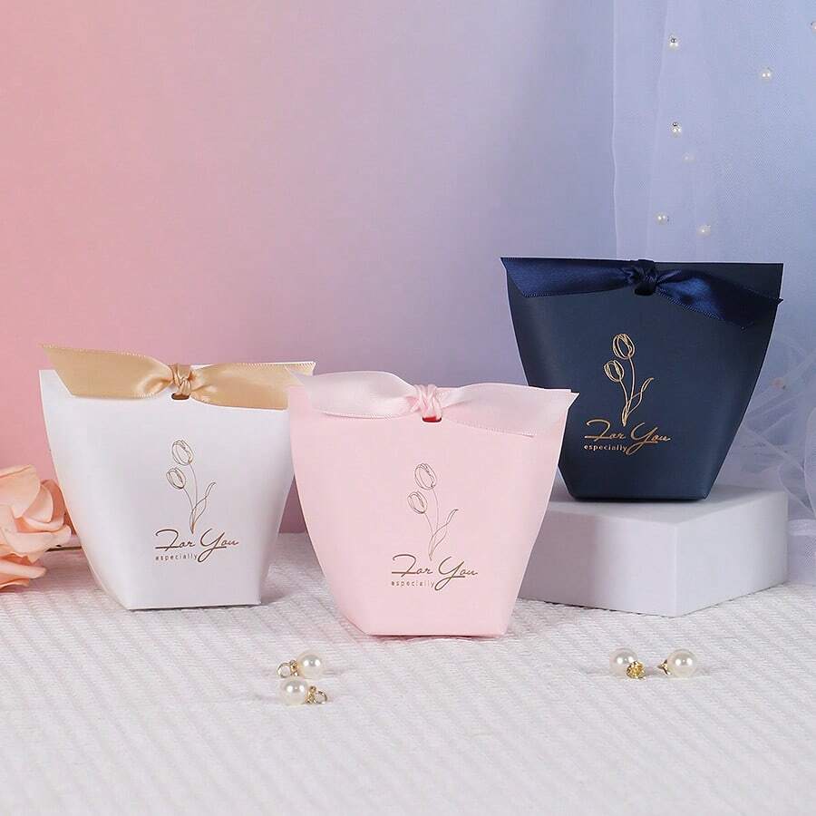 10 件郁金香花糖果盒礼品纸盒礼品包装盒小礼品盒适用于婚礼生日派对装饰 - 白色盒+香檳色絲帶 - 查看 1