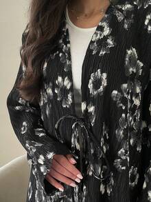 1pc Women's Simple Pleated Floral Print Solid Color Long Dress, Fashion Elegant Tied Waist Maxi Abaya Dress Suitable For Daily & Festival Wear, Modest Kaftan - Black - View 3