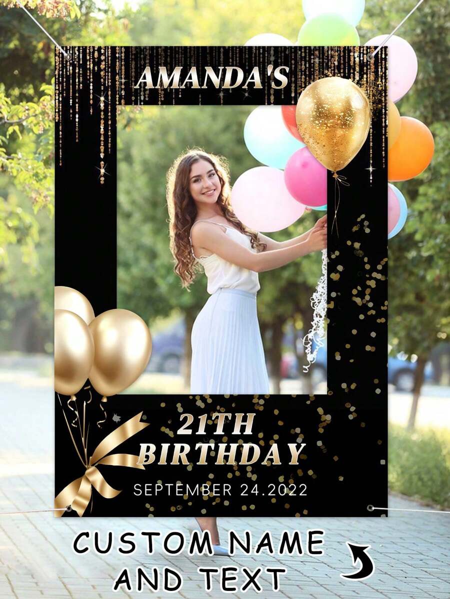 1件定制生日派对拍照背景横幅 - 涤纶镂空设计，黑金风格，适合难忘的庆祝活动、节日装饰 | 趣味生日标牌 | 装饰，生日派对装饰，母亲节毕业典礼，多功能，装饰性强，可重复使用，精致，时尚，高品质，色彩丰富，现代，可定制，个性化，独特，家居焕新，定制派对背景，家居生活，打造难忘的家，纪念品