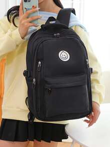 1pc Women's Backpack Solid Color Black Clean Color Zipper Smiling Face Pattern Canvas Durable Casual Fashion Simple Large Capacity Suitable For Student Travel Campus Portable Women's Backpack
