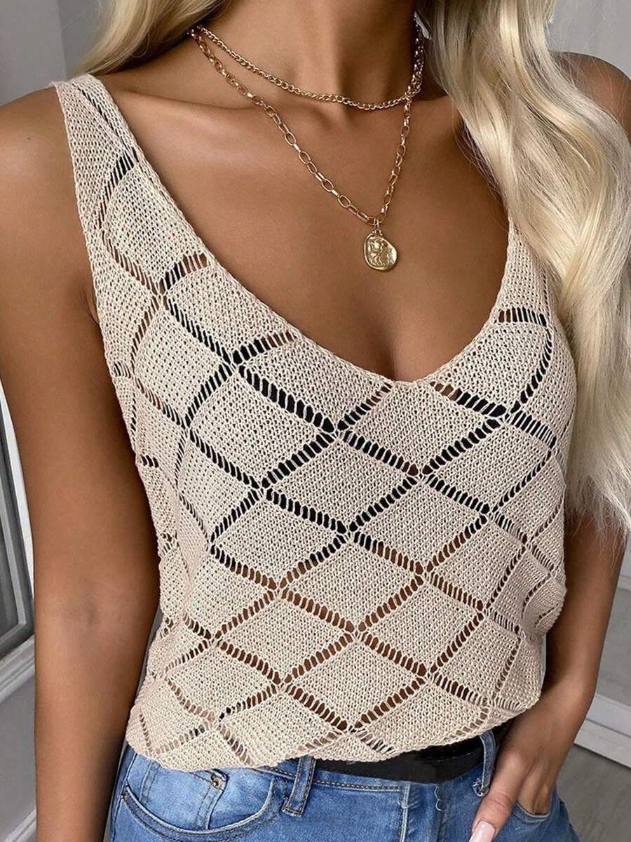 纯色镂空 V 领针织吊带背心 - 杏色 - 查看 1