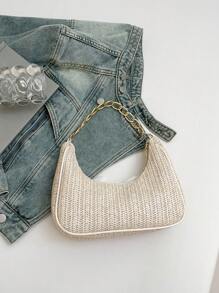 Fashion Solid Color Metal Chain & Straw Crescent Moon Women's Multifunctional Handbag With Bow, Scarf Decoration, Casual Straw Beach Bag, Clutch Purse, Cute Bow Bag For Women