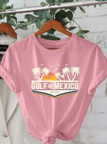 Gulf Of Mexico Cartoon Letter Graphic Print T Shirt, Short Sleeve Crew Neck Casual Top For Summer & Spring, Women's T-Shirt - 粉色 - 查看 1