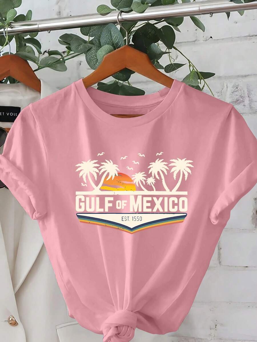 Gulf Of Mexico Cartoon Letter Graphic Print T Shirt, Short Sleeve Crew Neck Casual Top For Summer & Spring, Women's T-Shirt - 粉色 - 查看 1