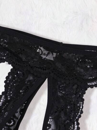 Zwart Verleidelijke Kanten Lingerie Set Featuring Bowknot Bralette Open Crotch Tanga Panties Going Out view 9