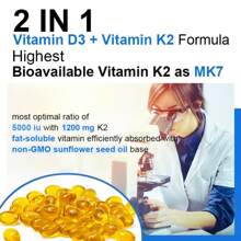 Vitamin D3 + K2 Softgels, 3000 Mg Per Serving - Joint And Bone Support, Provides Bone Nutrition - 120 Capsules - 1瓶 - 查看 6