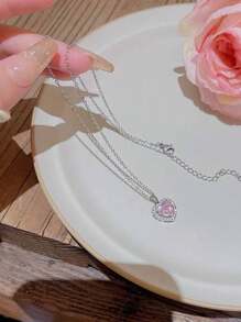1pc Stainless Steel Zirconia Heart Shaped Delicate Necklace, Luxurious Chic For Women
