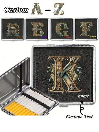 Estuche de cigarrillos personalizado de acero inoxidable - con iniciales y texto personalizados impresos, capacidad para hasta 20 cigarrillos, diseño de doble apertura, iniciales florales 3D elegantes, personalizable con la letra K u otras iniciales, estuche de cigarrillos, adecuado para hombres y mujeres