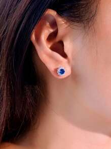 1 Pair 925 Sterling Silver Round Blue & Purple Cubic Zirconia Big Flower Stud Earrings For Women, Daily, Party, Wedding, Pageant Jewelry Gift