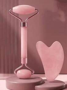 1Set Rose Quartz Double Head Roller Massager Heart Shaped Face Eye Massage Scraping Gua Combination Set