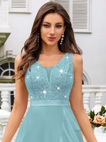 MIUSOL Deep V-Neck Contrast Lace Sequin Insert Ruffle High Low Hem Chiffon Formal Party Long Dress,For Wedding Guest,Graduation,Dinner - Mint Blue - View 8