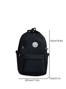 1pc Women's Backpack Solid Color Black Clean Color Zipper Smiling Face Pattern Canvas Durable Casual Fashion Simple Large Capacity Suitable For Student Travel Campus Portable Women's Backpack