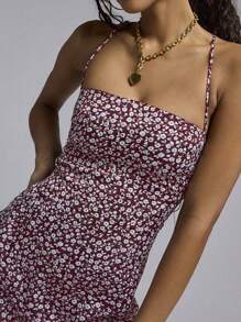 Red Ditsy Floral Backless Spaghetti Strap Short Dress For Beach Vacation - Burgundy - View 2