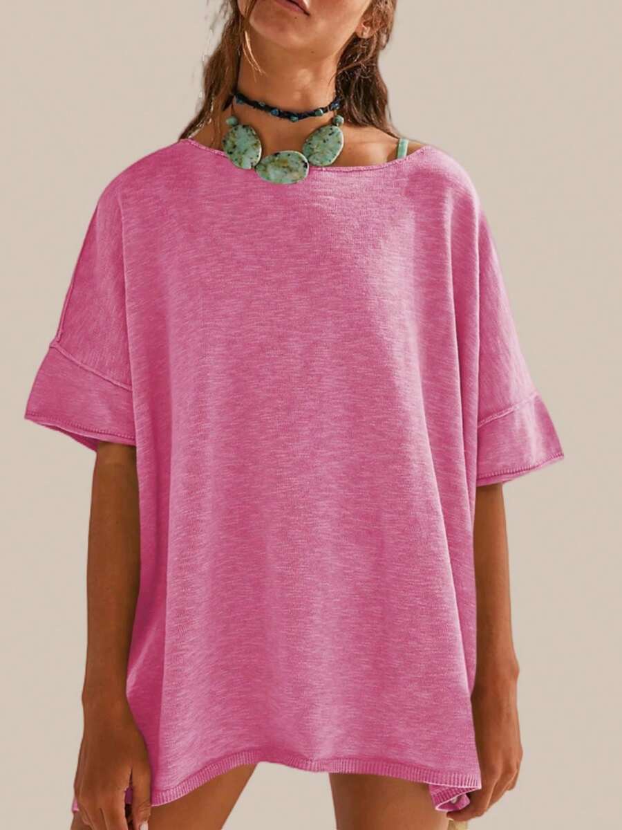 Women's Oversized T Shirt Loose Fit Crew Neck Short Sleeve Side Slit Summer Blouse Top - Màu Hồng Tươi - Xem 1