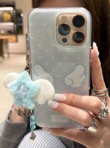 Funda de teléfono con diseño de lunares azules y alas, compatible con iPhone 17, 16, 15, 14, 13 Pro Max, con colgante suave de estrella azul, funda trasera suave y linda para niña