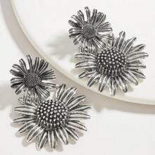 1 件女士金色菊花双层金属耳环，简约田园风格，适合夏季日常佩戴