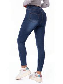 DUKEZA Jeans talla grande  con diseño deslavado de cintura media casual y ajustado para mujer - Azul - Ver 2