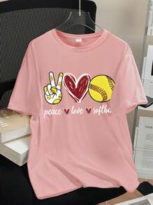 Teen Girl Heart And Baseball Print Graphic Tees For Girl Short Sleeve T Shirts,Teen Girl's Summer Tops Crewneck Shirt Blouse - Pink - View 1