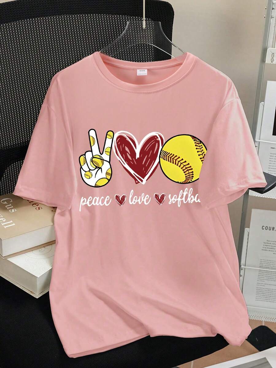 Teen Girl Heart And Baseball Print Graphic Tees For Girl Short Sleeve T Shirts,Teen Girl's Summer Tops Crewneck Shirt Blouse - Pink - View 1