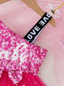 Young Girl's Casual Spaghetti Strap Faux Sequins & Letter Print Splice Sequins Gauze Lining Summer Dress - Multicolor - View 7