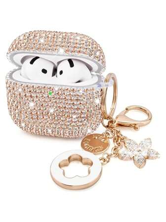 1pc Glittering Star Studded Earphone Case, Shiny Hardshell PC Protective Phone Cover With Keychain Compatible With Apple 1/2/3/Pro/Pro 2, Women