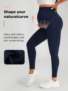 Ribbed Waist Seamless Solid Color Maternity Yoga Leggings - Navy Blue - View 2