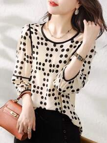 YUXIN 泡泡袖衬衫，时尚波尔卡圆点夏季女式衬衫 - 杏色 - 查看 3