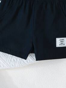 2 件套 幼儿男童时尚小熊贴片条纹领上衣和纯色短裤 夏季休闲户外套装