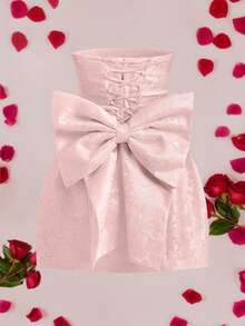 女士优雅提花露肩蝴蝶结装饰迷你连衣裙，可拆卸肩带，适合约会、派对、婚纱、伴娘服、毕业礼服，后背系绳可调节松紧