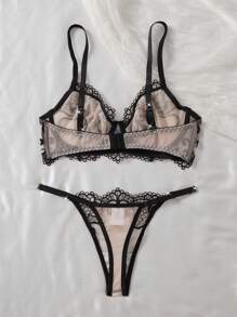 2pcs Spring/Summer New Women's Sexy Lingerie Set, Black Lace-Trimmed Floral Embroidery Bra Underwear With Adjustable Straps, Sheer Mesh Panties, Intimate Valentine's Day Gift Set Ultrathin Bra
