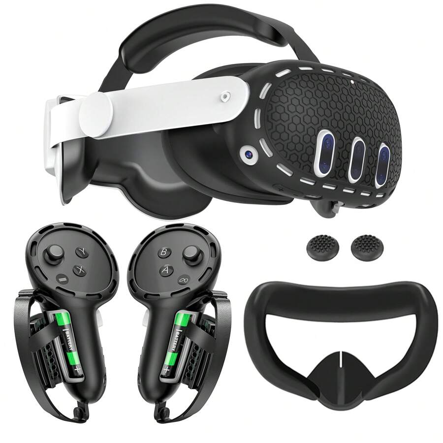 Silicone Cover Set For Meta Quest 3S, Protective Soft For Quest 3 / Quest 3S VR Accessories Including Controllers Grips Cover, Shell Cover And Face Cover, Rocker Covers (Black) - Multicolor - View 1