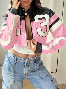 Leather Jacket Cropped Jacket Motorcycle Jacket Y2K Letter Bomber Jacket Women Faux Leather Jacket Streetwear - 粉色 - 查看 5