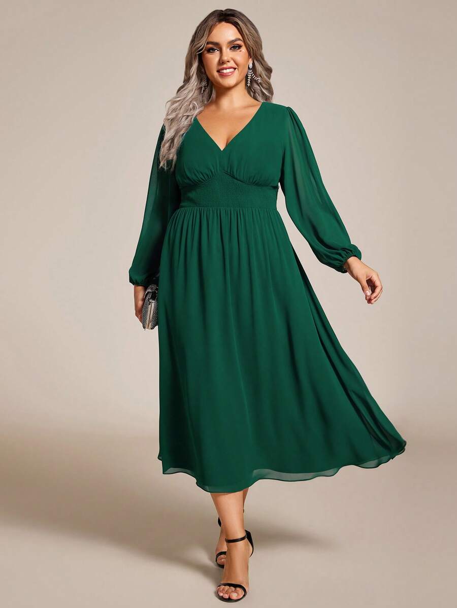 EVERPRETTY Plus Size Elegant V Neck Lantern Sleeves Bridesmaid Dresses Midi Green Formal Dresses - Dark Green - View 1