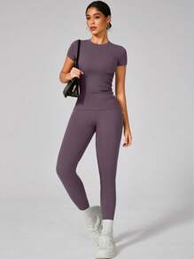 Women's Short Sleeve Top And Elastic Yoga Pants Set - Purple - View 7