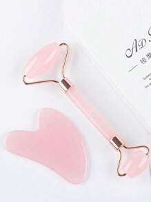1Set Rose Quartz Double Head Roller Massager Heart Shaped Face Eye Massage Scraping Gua Combination Set