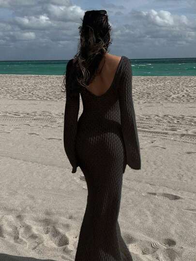 Capa de Banho Manga Longa com Recortes Vazados Feminina, Estilo Elegante Boho para Férias na Praia, Vestido Decote em V