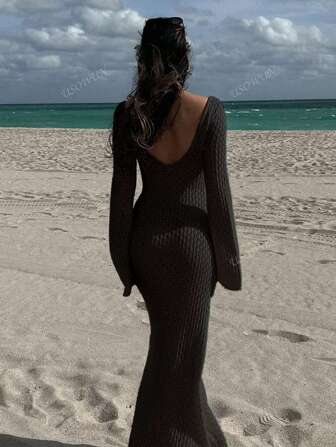 Robe de plage à manches longues ajourée pour femmes, style bohème élégant pour les vacances, robe col V