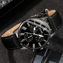 Juego de 4 piezas de reloj y joyería para hombre, que incluye reloj de cuarzo casual de negocios con 3 subdiales, correa, esfera de números romanos y collar, pulsera y anillo de estilo Samurai