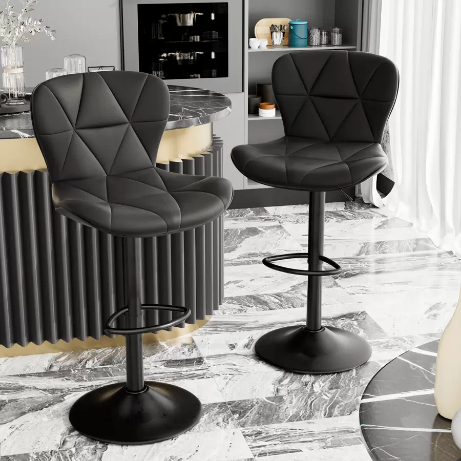 Bar Stools Set Of 2 Breakfast Bar Stools •Modern Adjustable Faux Leather Upholstered Swivel Bar Stools •Counter Height Bar Chairs With Back For Kitchen Island - Black - View 1