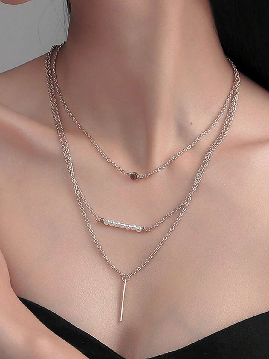 1pc Minimalist Elegant Multilayer Chain Necklace, Suitable For Women Daily Or Holiday Wear - Silver - View 1