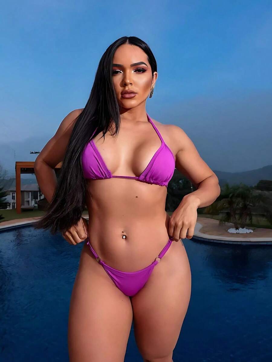 Sexy Tanning Ribbon Bikini Set With Adjustable Thin Strap And Suplex Thong Summer Fashion 2025 - 玫瑰紅 - 查看 1