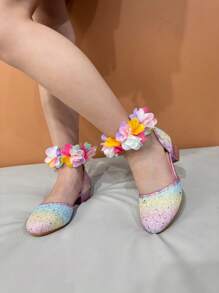 Dreamlike Colorful Floral Wreath Girls High Heel Dress Shoes, Strap Sandals Very Suitable For Vacation, Outdoor Travel, Performance, Costume - Multicolor - View 2