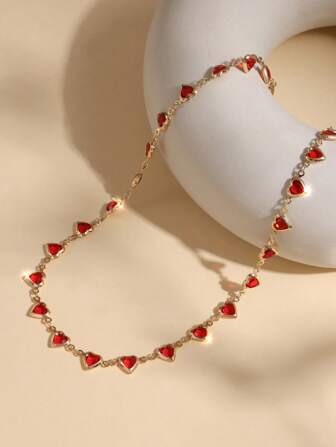1pc Glass Heart-Shaped Bead Necklace, Daily Accessory, Valentine's Day Gift