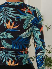 2 peças Impressão de folha Manga Longa Gola Careca Guarda-Roupa - Top Nado com Manga Longa Raglan e Shorts Boxer Parte de Baixo Esportes Aquáticos, Roupa de Banho e Vestimenta Feminina para Férias de Verão