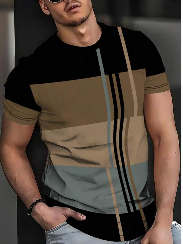 Men's 3D Striped Novelty T-Shirt - Casual Polyester Crew Neck Tee, Machine Washable