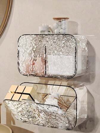 صندوق تخزين حائطي مثبت ،صندوق تخزين حمام لأحمر الشفاه مضاد للغبار ، حامل عيدان القطن بدون ثقب ، تخزين شريطات الشعر وإكسسوارات الحمام للمنزل ، مصمم لتخزين ورق النسيج المفتوح جزئيًا ، أواني تخزين الحمام