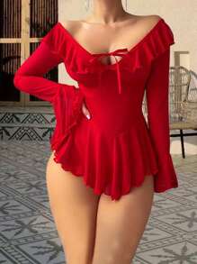 Women See Through Lingerie Chemise Nightdress Solid Color Ruffles Dress Nightgown Sleepwear Slips Nightie With Thong - Red - View 1